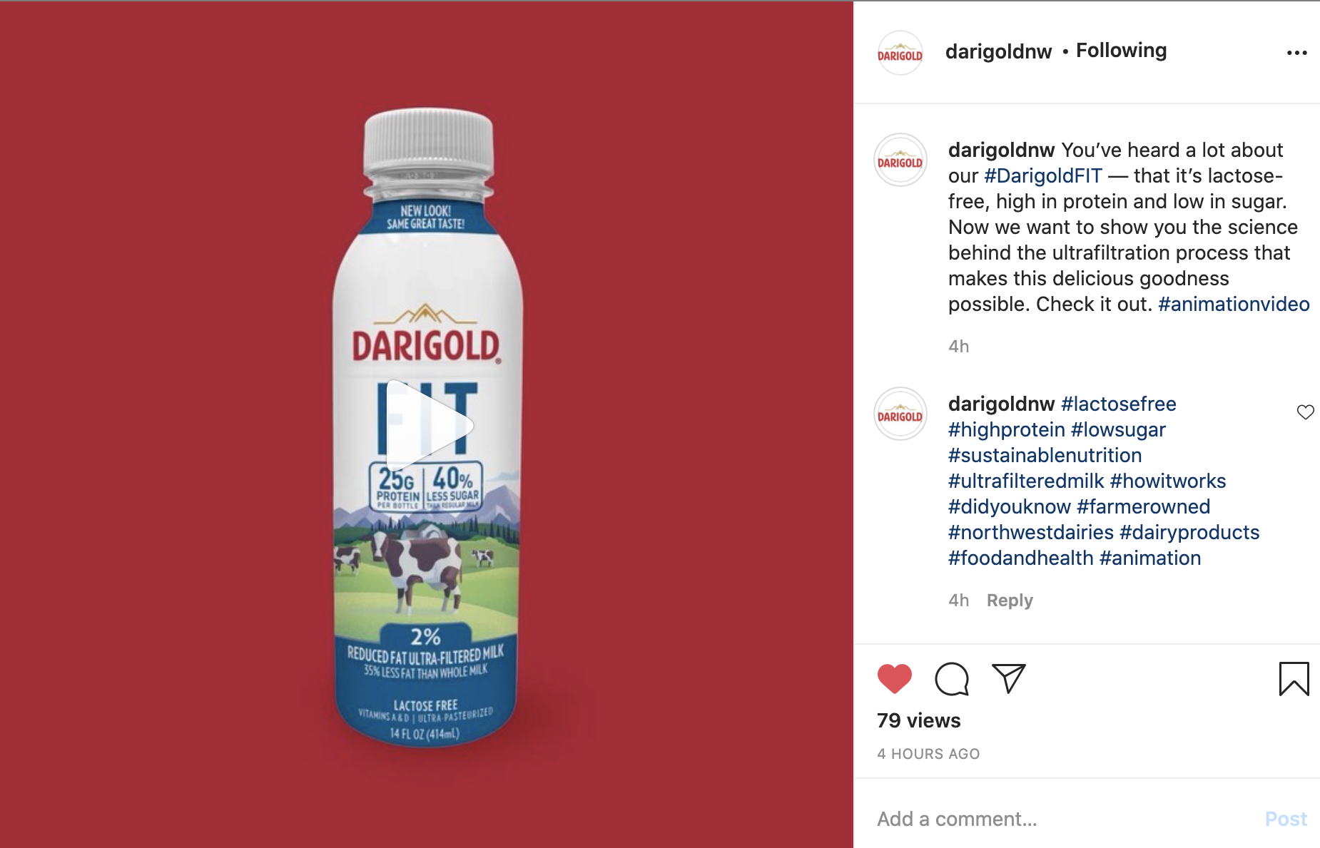 Darigold instagram post showing FIT milk.