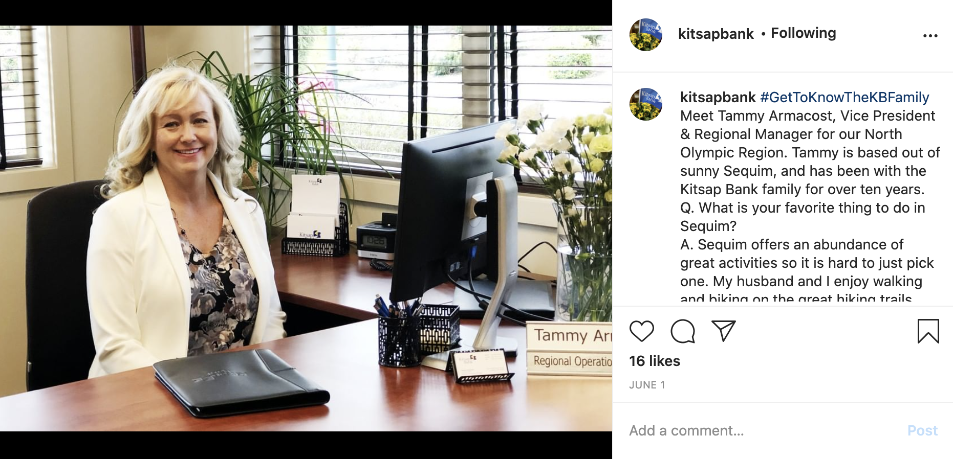 Kitsap Bank instagram post introducing Tammy Armacost.