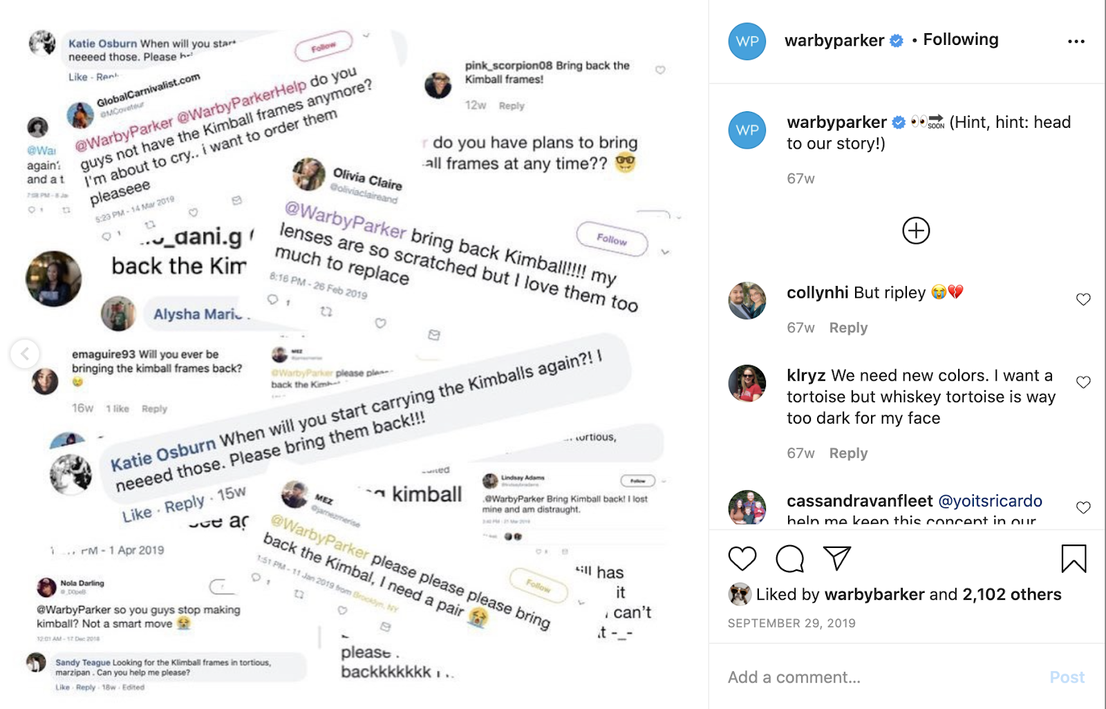 Example of Warby Parker's customer engagement on social media