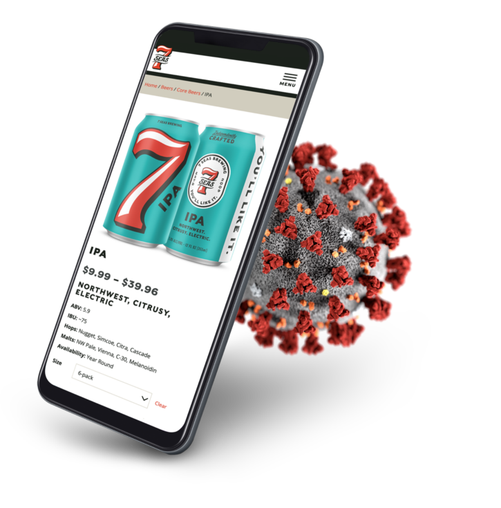 Mobile phone showing webpage with cans of the 7 Seas Brewing IPA. Next to the phone sits a covid-19 molecule.