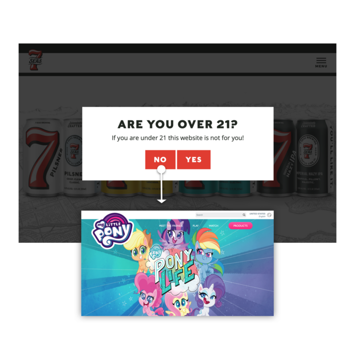 Screenshot of a modal pop up that reads, are you over 21? If you are under 21 this website is not for you!
