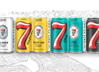 Different cans of 7 Seas Brewery's Pilsner, Hazy IPA, IPA and Imperial Hazy IPA beer flavors.