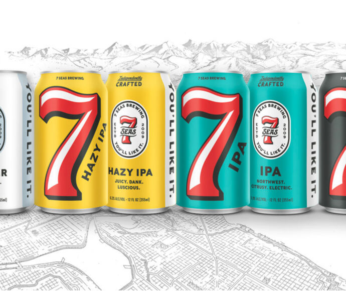 Different cans of 7 Seas Brewery's Pilsner, Hazy IPA, IPA and Imperial Hazy IPA beer flavors.
