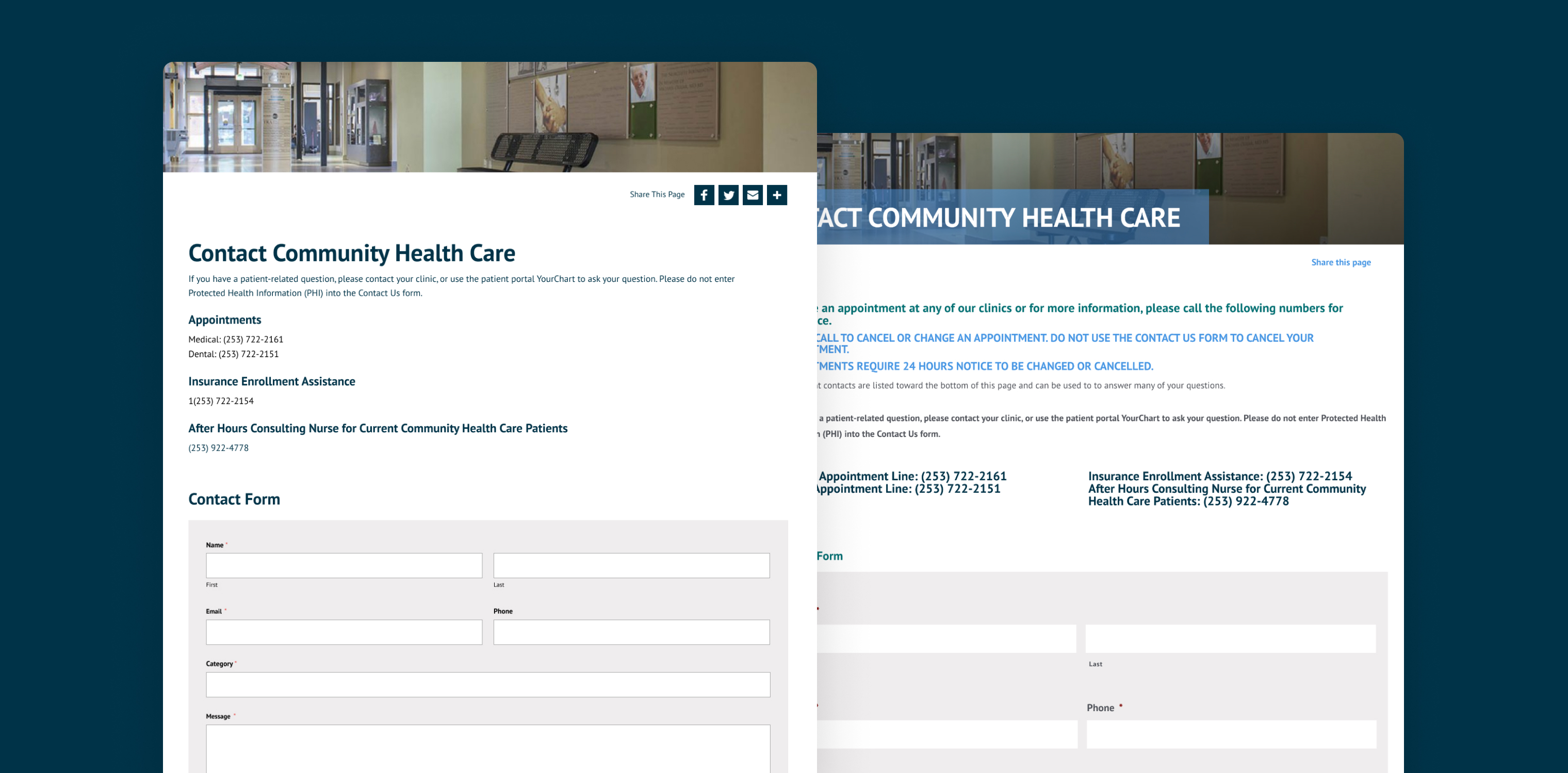 Side by side before and after screenshots of a contact page