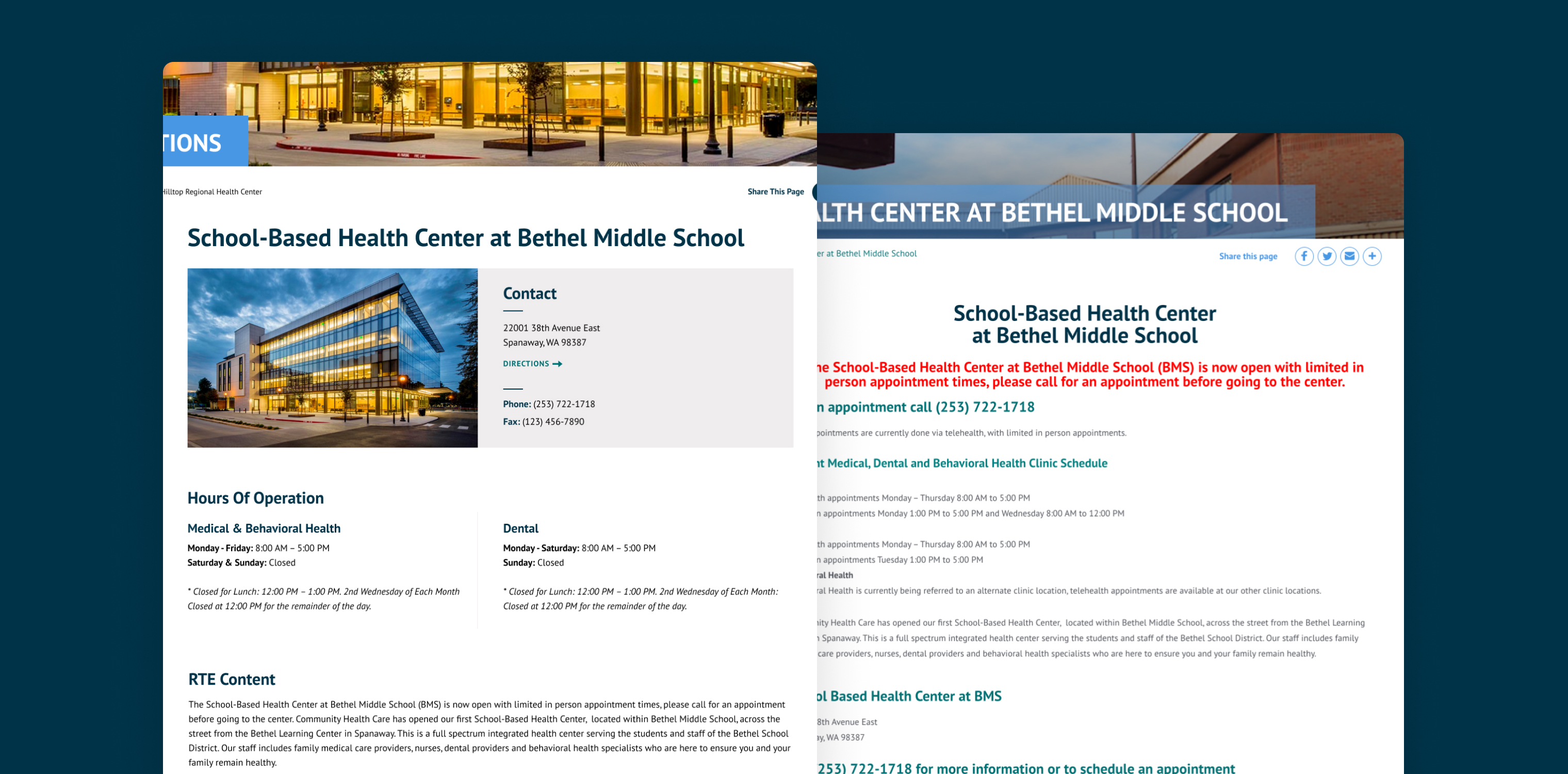 Side by side before and after screenshots of a location page