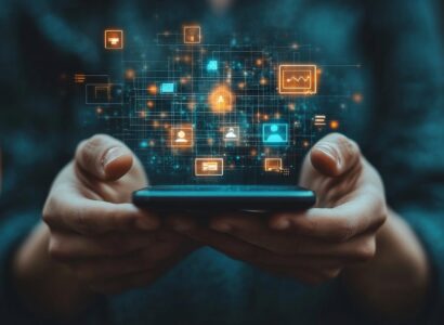 person holding phone with digital icons levitating out of it