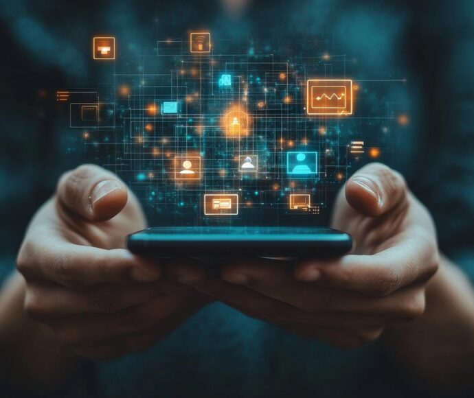 person holding phone with digital icons levitating out of it