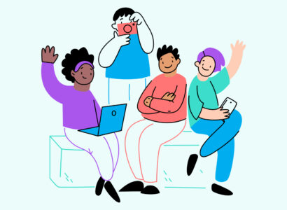 Cartoon drawing of four diverse people using digital devices