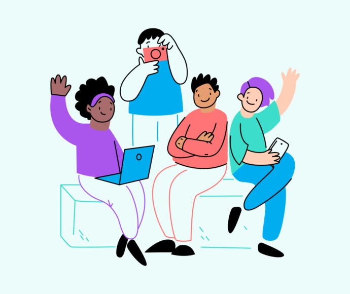 Cartoon drawing of four diverse people using digital devices