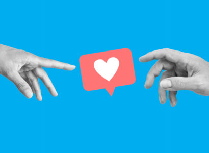 A digital art collage of two black and white hands reaching toward a pink social media 