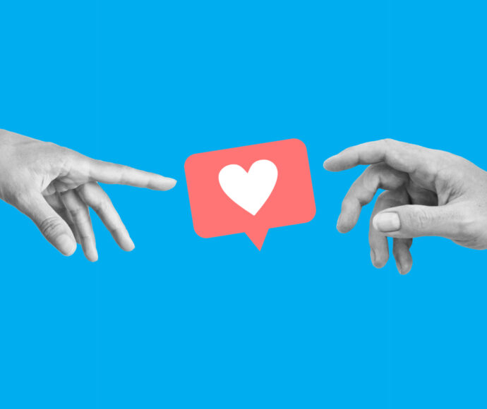 A digital art collage of two black and white hands reaching toward a pink social media 