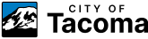 City of Tacoma in bold font next to an illustration of a snow covered mountain against a blue background