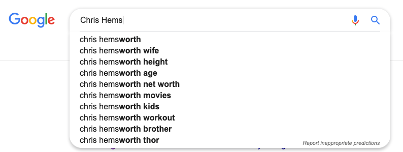 Screenshot of Google Search Suggestions
