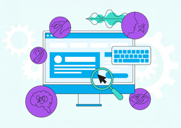 Illustration of desktop screen with icons of the five senses, a keyboard and magnifying glass