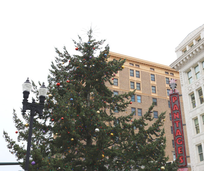 Large decorated Christmas tree outside of Tacoma's historic Pantages Theater.