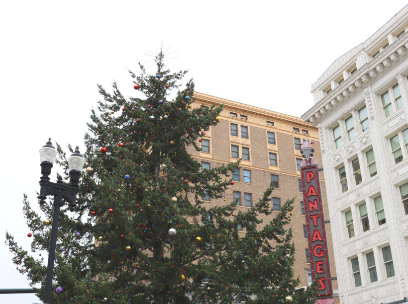 Large decorated Christmas tree outside of Tacoma's historic Pantages Theater.