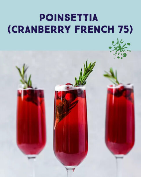 Poinsettia cocktail, also known as a Cranberry French 75. Three champagne flutes filled with a bubbly wine, garnished with cranberries and rosemary sprigs.