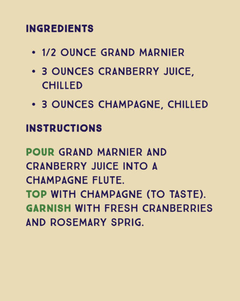Recipe for a Cranberry French 75. Ingredients: Half ounce Grand Marnier, 3 ounces cranberry juice, chilled 3 ounces Champagne, chilled. Instructions: Pour Grand Marnier and cranberry juice into a champagne flute. Top with champagne (to taste). Garnish with fresh cranberries and rosemary sprig.