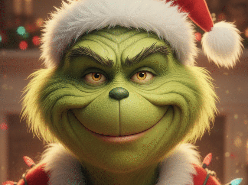 Close up of the Grinch's face with a sinister smile.
