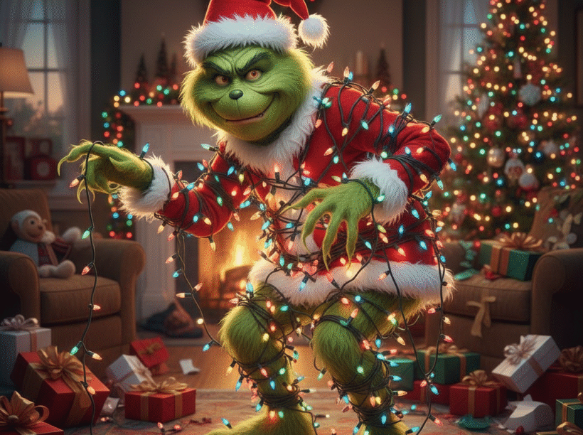 The Grinch tangled up in a string of colorful Christmas lights.