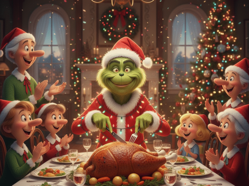 The Grinch carving a roast at the table while guests watch in awe.