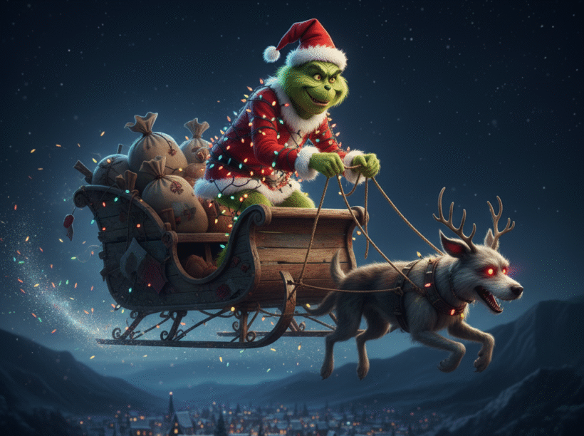 The Grinch riding a sleigh filled with bags of toys. He is holding the reigns to a dog with red eyes and antlers that lead the sleigh in the dark night sky.