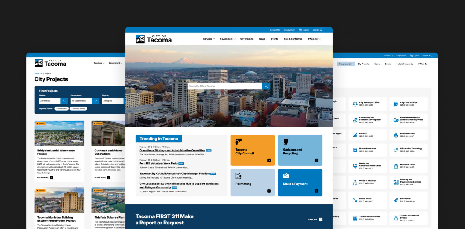 Screenshots of the City of Tacoma website redesign showing the homepage, project filters and a department directory.