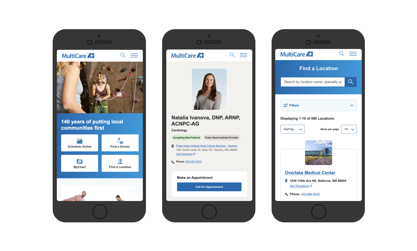MultiCare website screenshots in phone view