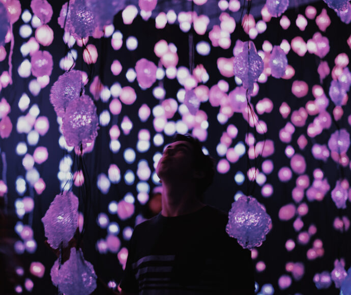 Person looking up at strings of purple lights