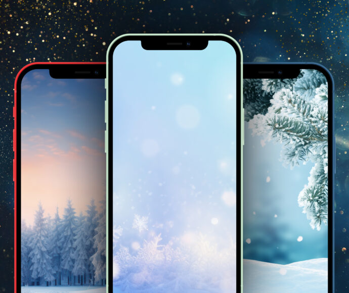 Three cellphones with different phone winter wallpapers