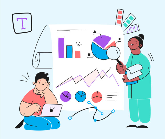 Cartoon image of graphs with a two people looking at the data.