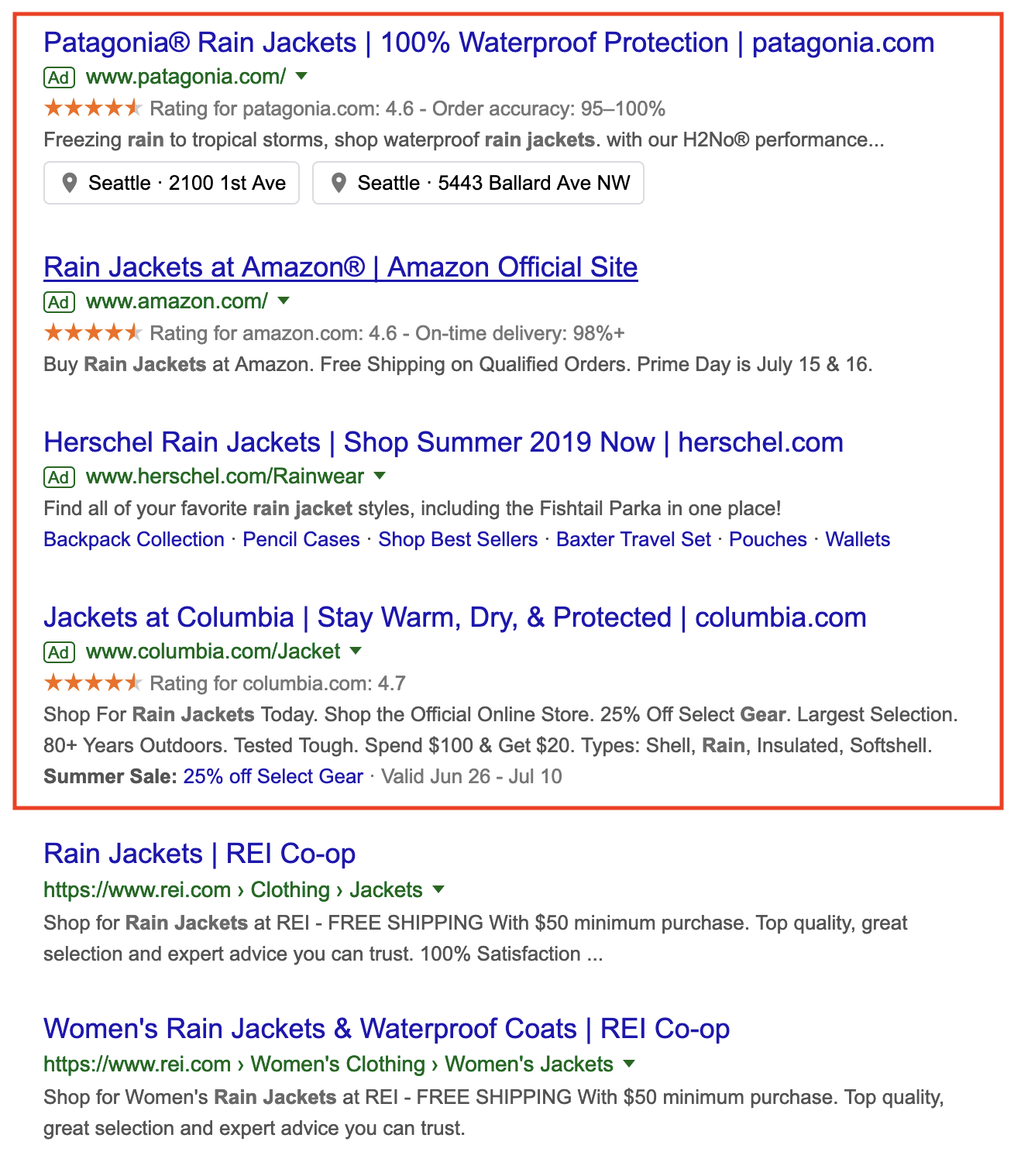 Screenshot of google search results with paid ads highlighted.