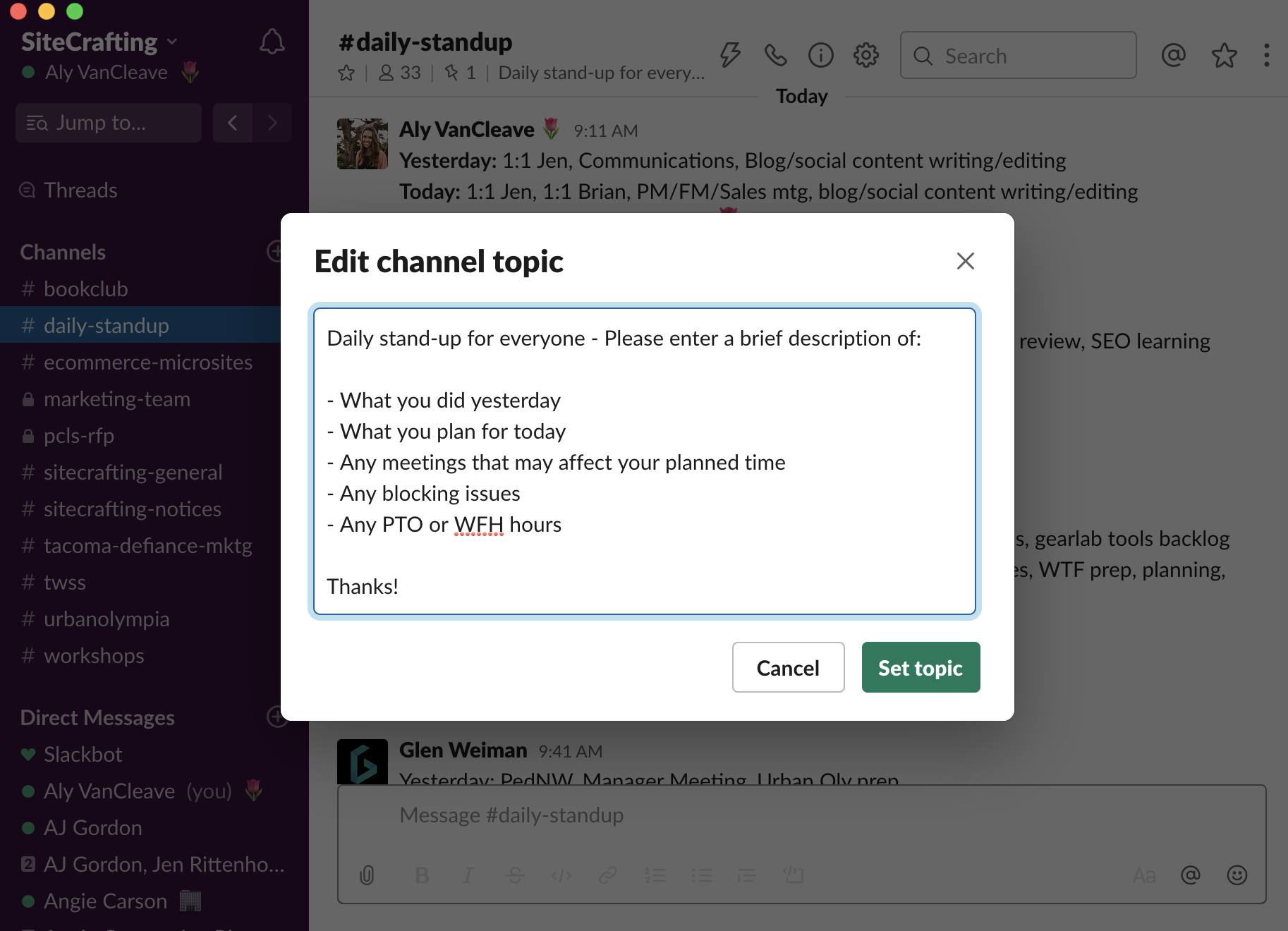 Screenshot of SiteCrafting daily check-in thread with team