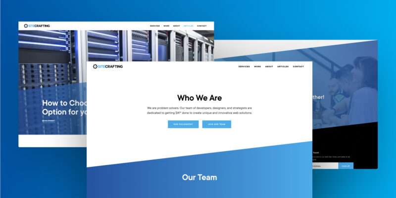 Three different screenshots of the previous SiteCrafting website showing diagonal design elements. 