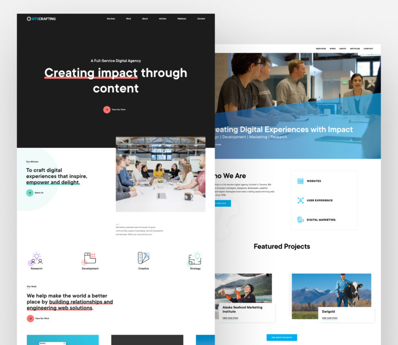 Side by side screenshots of the new SiteCrafting website home page next to the previous website home page.