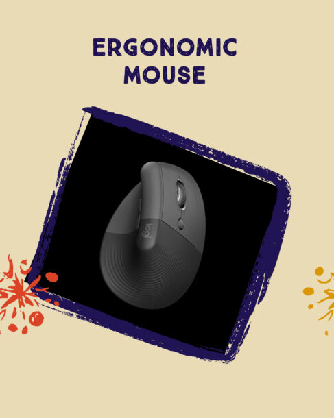 An ergonomic mouse from the brand Logitech against a stylized background with artistic splashes of color and the words Ergonomic Mouse at the top.