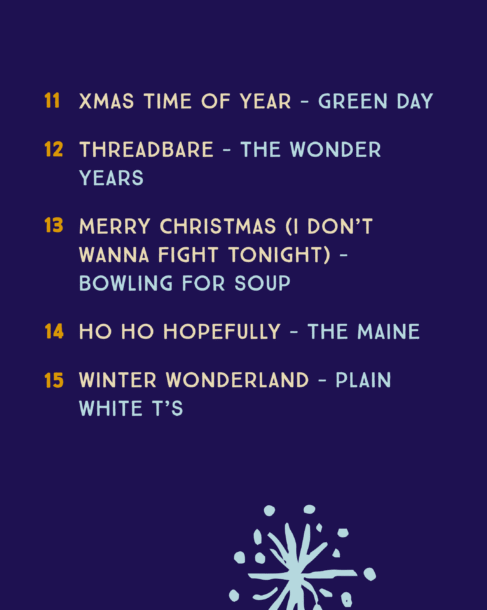 Xmas Time of Year - Green Day, Threadbare - The Wonder Years, Merry Christmas (I Don’t Wanna Fight Tonight) - Bowling for Soup, Ho Ho Hopefully - The Maine, Winter Wonderland - Plain White T’s