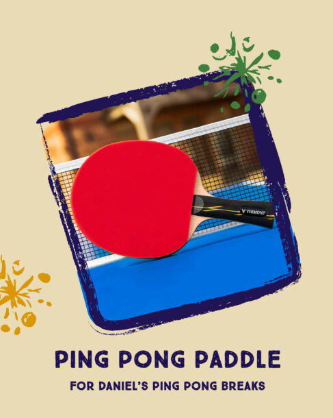 Close-up of a red ping pong paddle and ball on a table with the text 