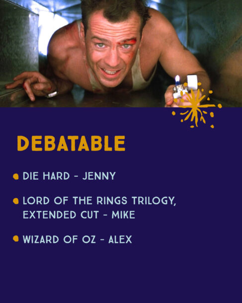 A collection of movies labeled with category title 'Debateable' in large print. Movies are listed by SiteCrafting employees. Die Hard by Jenny, Lord of the Rings trilogy, extended cut by Mike and Wizard of Oz by Alex. An iconic scene from Die Hard is displayed at the top of the image, showing actor Bruce Willis crawling in an air duct while holding a lighter.