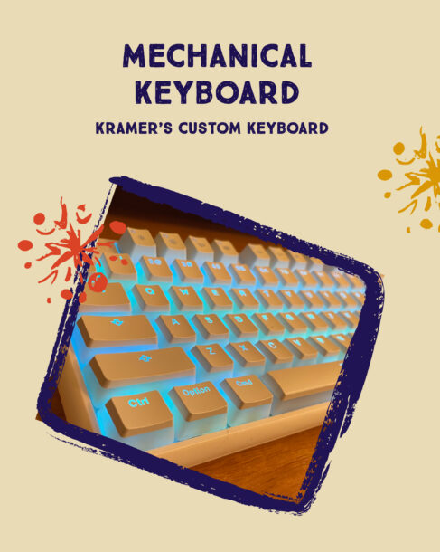 Kramer's Custom Keyboard featuring a mechanical keyboard with white keycaps with a glowing blue light underneath each key.