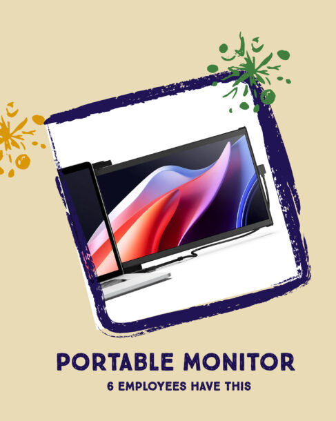 A portable monitor from the brand Deux displaying colorful abstract wallpaper, set against a cream background with decorative snowflakes. Text reads 