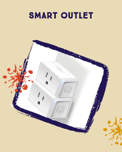 A dual-port Smart Outlet device mounted on a wall, highlighted by colorful snowflakes and labeled with 