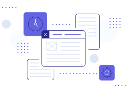 Illustration of a browser window, documents, a clock and a gear.