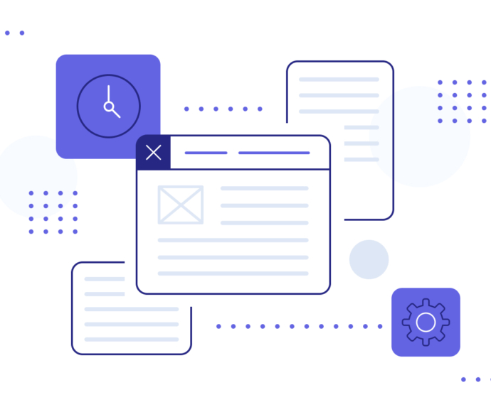 Illustration of a browser window, documents, a clock and a gear.