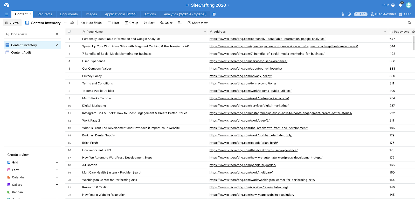 Content organization in Airtable