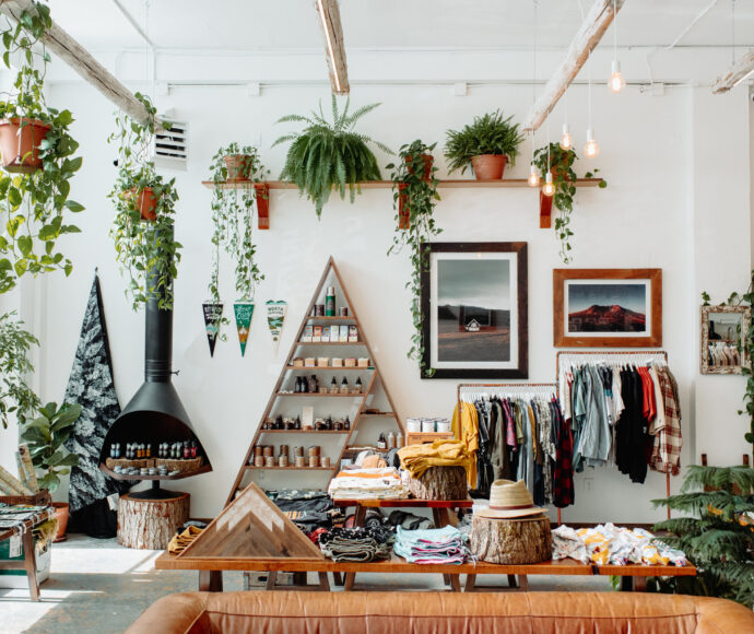 Trendy shop full of clothes, greenery, and products.