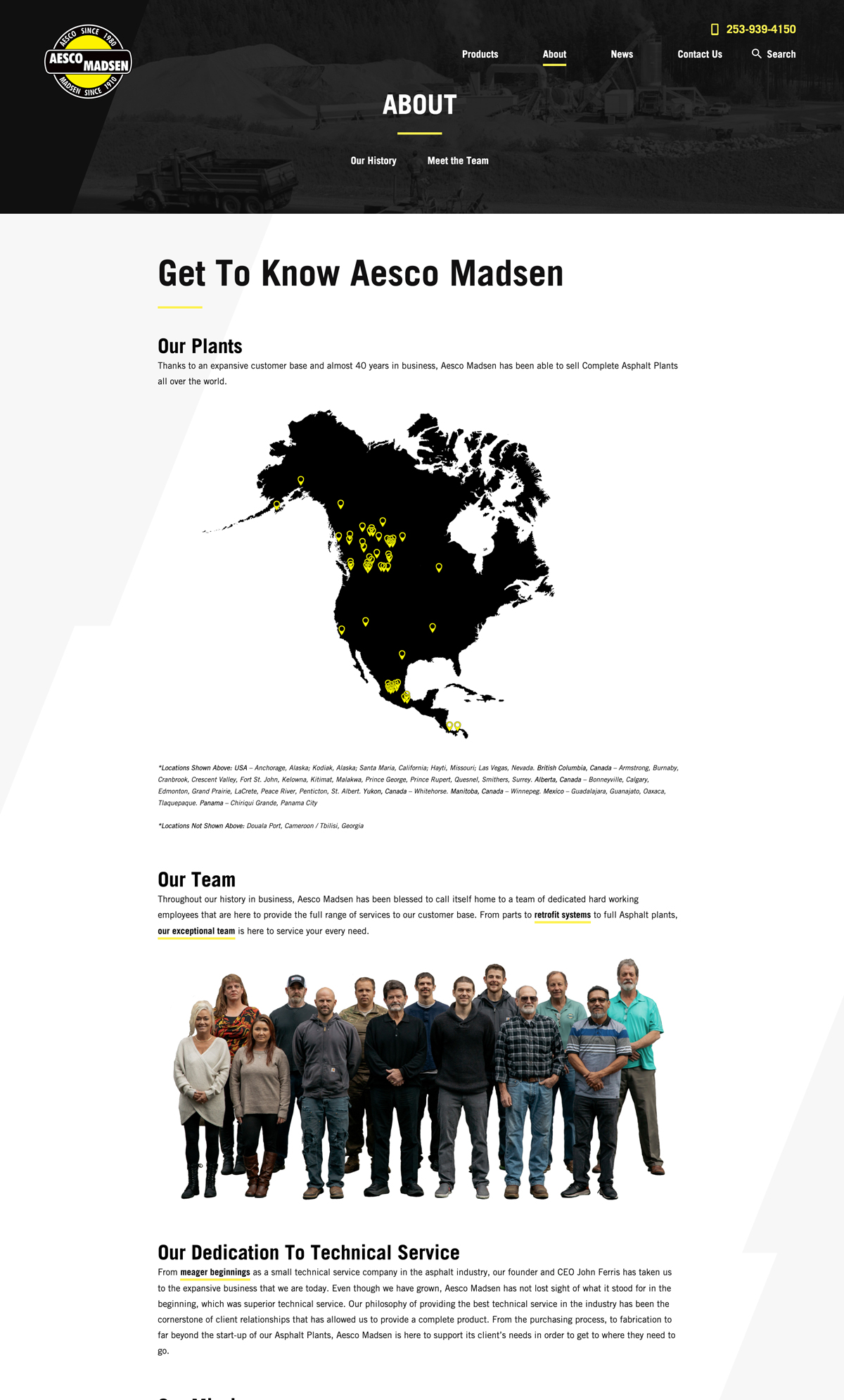 Company about website page featuring location and team information