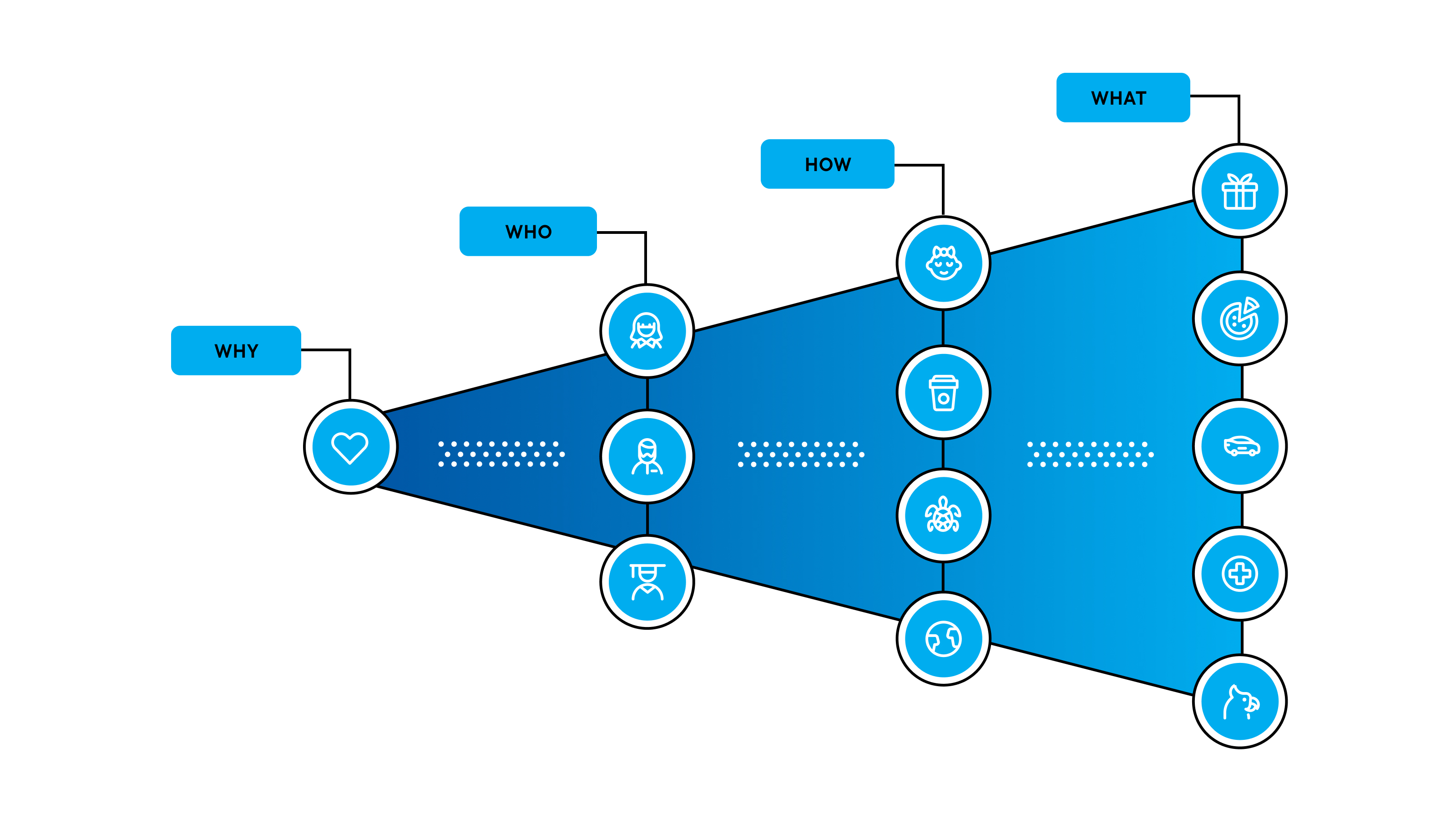 Illustrated chart in a megaphone shape with why, who, how and what categories.