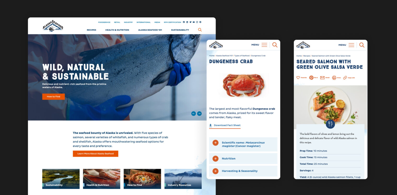Screenshots of the Alaska Seafood Marketing Institute website.