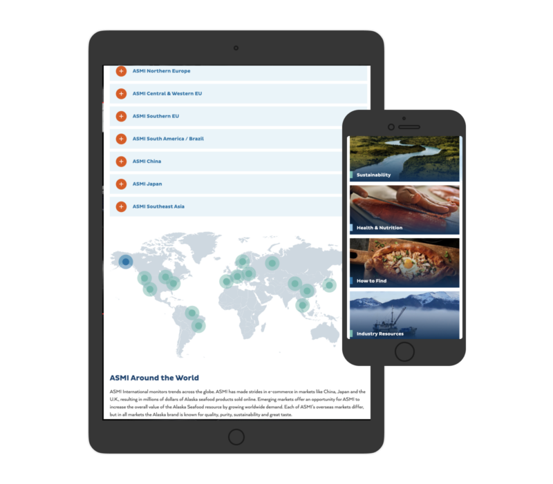 Tablet and mobile phone showing Alaska Seafood Marketing Institute website.